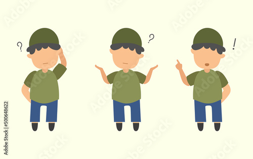 cute moslem kid flat character confuse and thinking idea