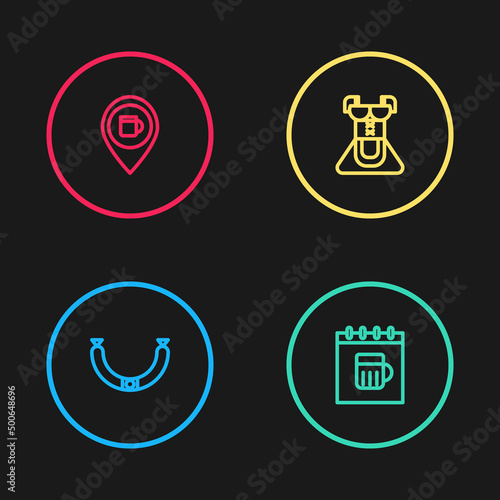 Set line Sausage, Saint Patricks day calendar, Costume for women dirndl and Alcohol beer bar location icon. Vector