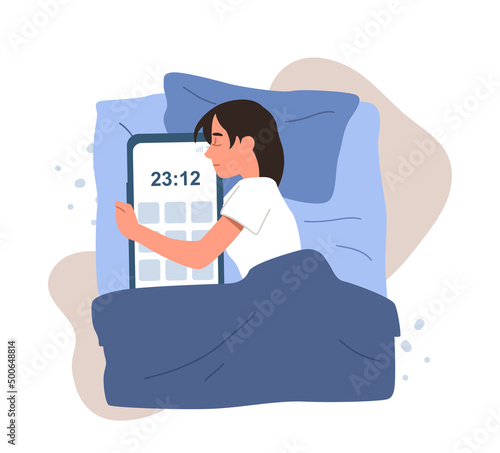 Girl hugging smartphone. Metaphor of addiction to gadgets and devices. Woman watched posts on social networks or content on Internet until night, character at evening. Cartoon flat vector illustration