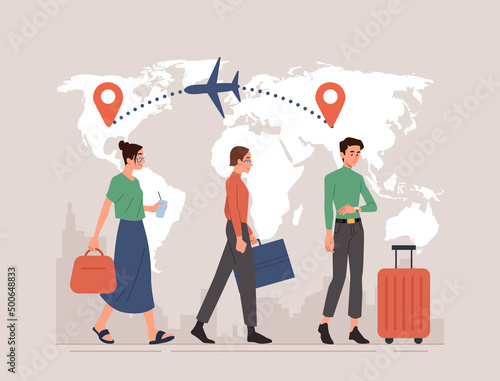 People migrate concept. Men and girls with suitcases waiting for plane to go to another country on background of map. Metaphor of migration of people, relocation. Cartoon flat vector illustration