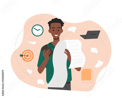 Multitasking person concept. Man stands with phone and long check, character reads goals. Motivation and self development. Responsible employee and time management. Cartoon flat vector illustration