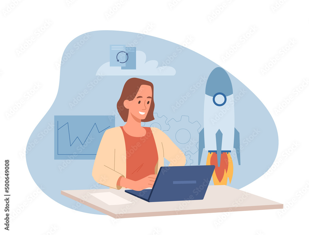 Work on start up. Young girl sitting at laptop, remote worker or freelancer at home. Aspiring entrepreneur or businesswoman launches start up, idea for project. Cartoon flat vector illustration Work on start up. Young girl sitting at laptop, remote worker or freelancer at home. Aspiring entrepreneur or businesswoman launches start up, idea for project. Cartoon flat vector illustration