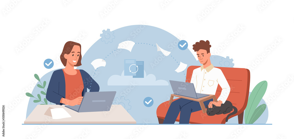 Collaborative remote work. Man and girl with laptops sitting on armchairs. Modern technologies and digital world. Colleagues and partners, coworking, file sharing. Cartoon flat vector illustration
