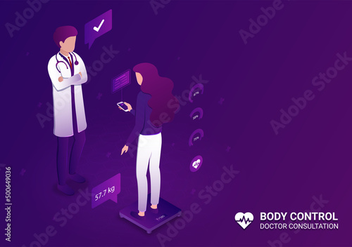 Body control concept. Man in medical gown stands in front of girl on scales. Fitness and health care, modern technologies and applications, active lifestyle. Cartoon isometric vector illustration