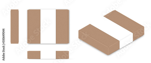 Cardboard box realistic set. Collection of images for website and social networks. Home delivery, pizza. White label tag, present. Isometric vector illustrations isolated on white background
