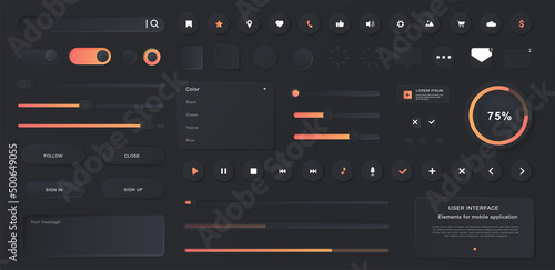 Dark user interface. Collection of images for website, modern technology and digital world. Music application or program icon set. Cartoon flat vector illustrations isolated on black bacground