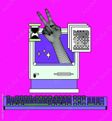 Old-fashioned personal computer in retro 80s style in neon acid colors.