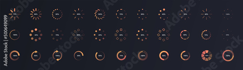 Loading circle set. Collection of design elements for apps for smartphone or programs for computer. Interface and software development. Cartoon flat vector illustrations isolated on black background