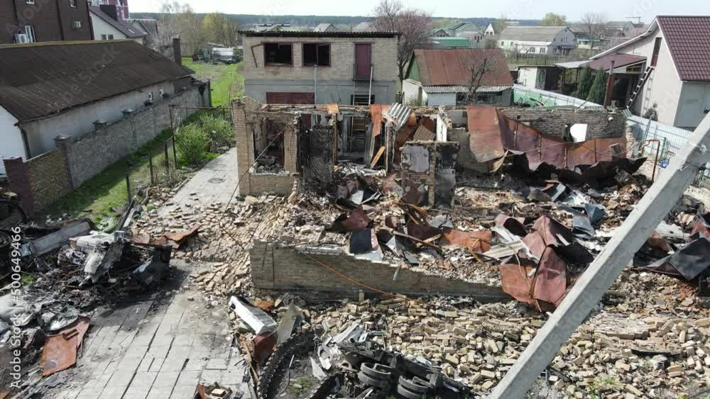 Hostomel, Kyiv, Ukraine - 01.04.2022: Russian occupants destroyed private houses in the city of Hostomel Hostomel, Kyiv, Ukraine - 01.04.2022: Russian occupants destroyed private houses in the city of Hostomel