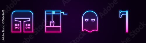 Set line Medieval iron helmet, Well with bucket, Executioner mask and axe. Glowing neon icon. Vector