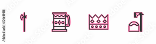 Set line Medieval halberd, King crown, Wooden mug and Executioner axe tree block icon. Vector