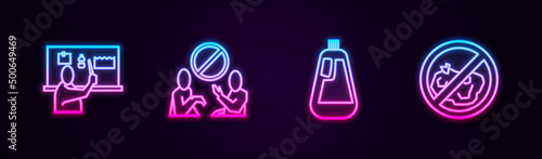 Set line Stop plastic pollution, , Bottle for dishwashing liquid and No trash. Glowing neon icon. Vector
