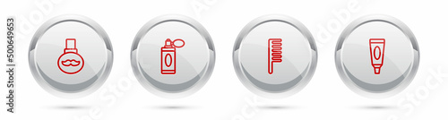 Set line Beard and mustaches care oil bottle, Aftershave with atomizer, Hairbrush and Cream or lotion cosmetic tube. Silver circle button. Vector