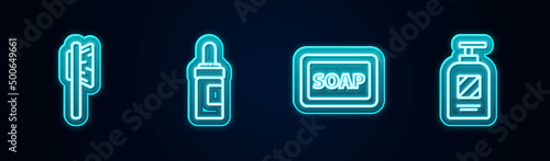 Set line Hairbrush, Beard and mustaches care oil bottle, Bar of soap with foam and Bottle shampoo. Glowing neon icon. Vector