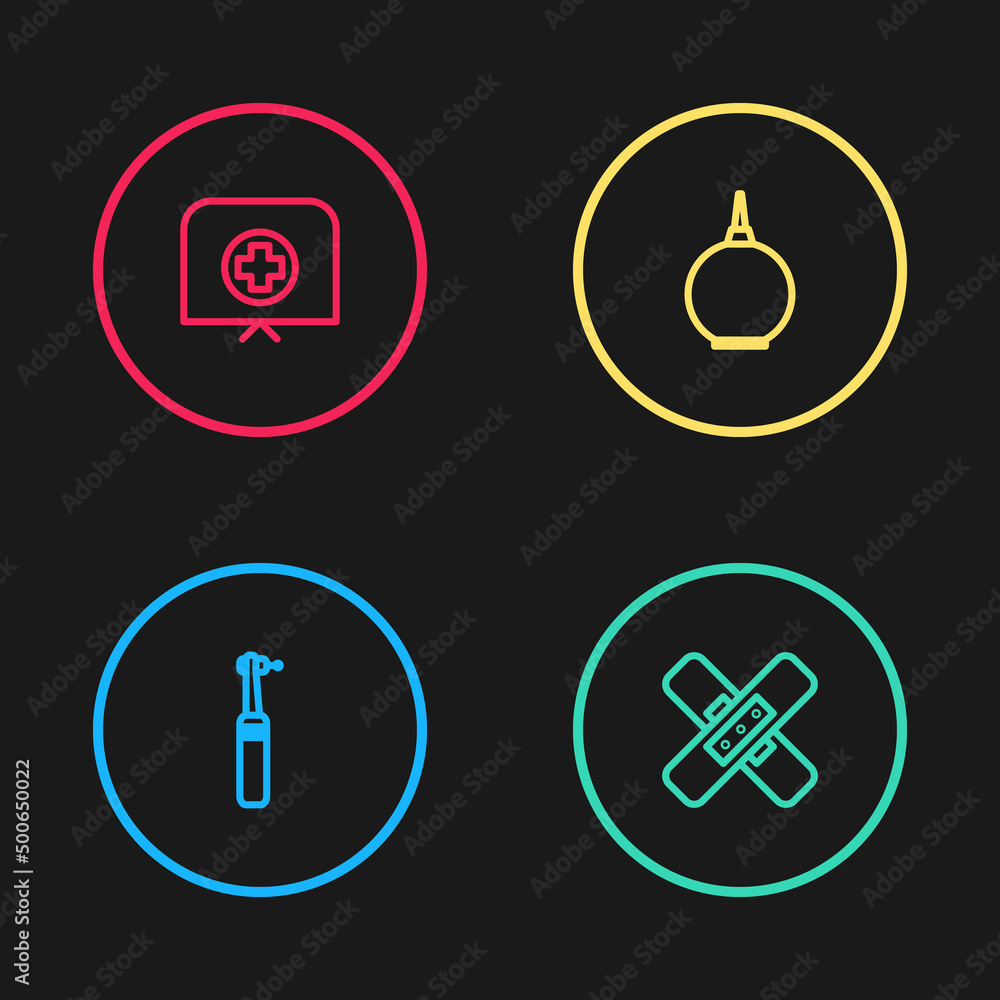 Set line Tooth drill, Crossed bandage plaster, Enema and Nurse hat with cross icon. Vector Set line Tooth drill, Crossed bandage plaster, Enema and Nurse hat with cross icon. Vector