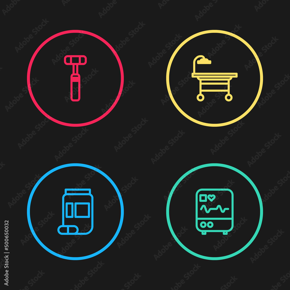 Set line Medicine bottle and pills, Monitor with cardiogram, Operating table and Neurology reflex hammer icon. Vector Set line Medicine bottle and pills, Monitor with cardiogram, Operating table and Neurology reflex hammer icon. Vector