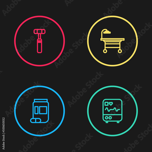 Set line Medicine bottle and pills, Monitor with cardiogram, Operating table and Neurology reflex hammer icon. Vector