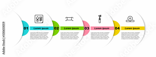 Set line X-ray shots, Medical protective mask, otoscope tool and Otolaryngological head reflector. Business infographic template. Vector