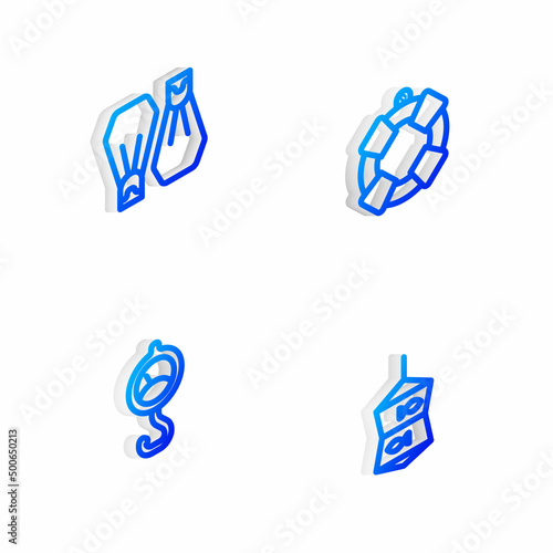 Set Isometric line Lifebuoy, Rubber flippers for swimming, Spring scale and Fishing net with fish icon. Vector