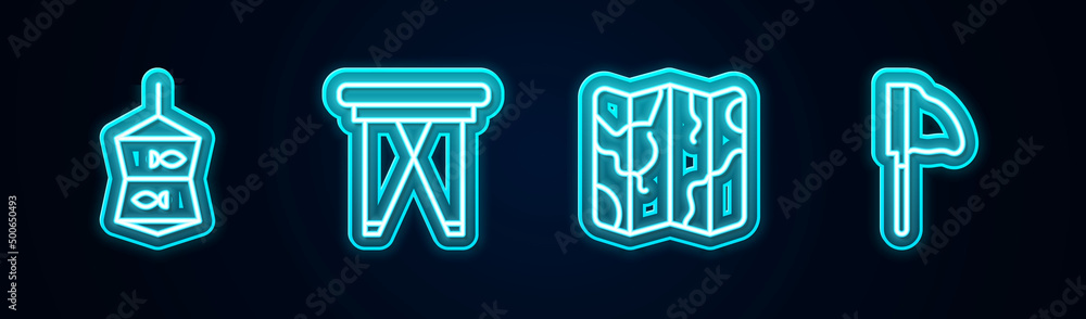 Set line Fishing net with fish, Folding chair, Folded map and . Glowing neon icon. Vector Set line Fishing net with fish, Folding chair, Folded map and . Glowing neon icon. Vector