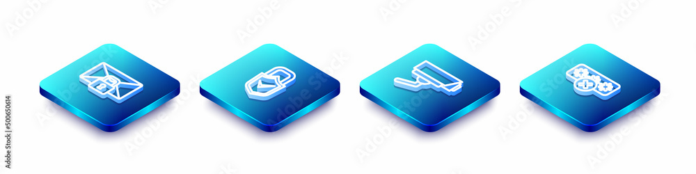 Set Isometric line Mail message lock password, Lock and check mark, Security camera and Password protection icon. Vector Set Isometric line Mail message lock password, Lock and check mark, Security camera and Password protection icon. Vector