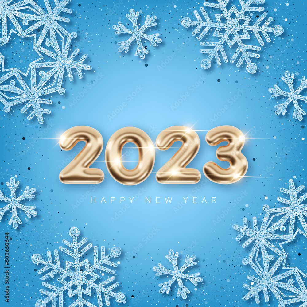 2023 New Year card template with decorative snowflake and glittering 3d numbers on blue background 2023 New Year card template with decorative snowflake and glittering 3d numbers on blue background