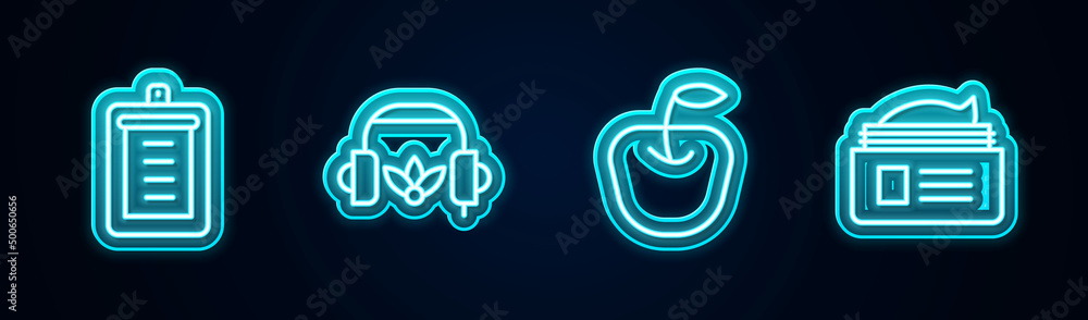 Set line Clipboard with checklist, Headphones for meditation, Apple and Ointment cream tube. Glowing neon icon. Vector Set line Clipboard with checklist, Headphones for meditation, Apple and Ointment cream tube. Glowing neon icon. Vector