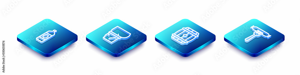 Set Isometric line Plastic beer bottle, Beer belly, Wooden barrel and Sausage on the fork icon. Vector Set Isometric line Plastic beer bottle, Beer belly, Wooden barrel and Sausage on the fork icon. Vector