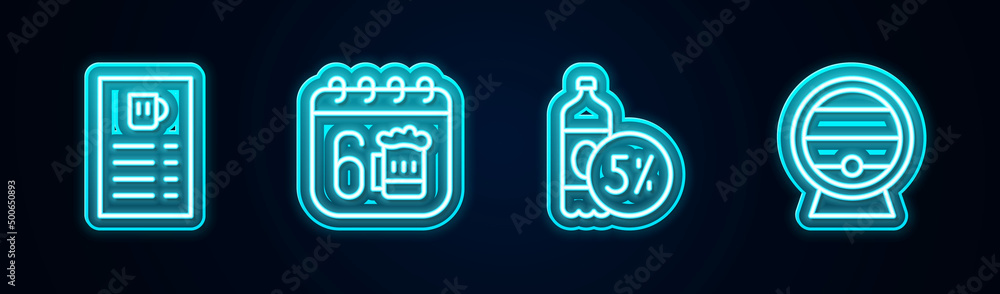 Set line Beer menu, Saint Patricks day calendar, bottle and Wooden barrel on rack. Glowing neon icon. Vector Set line Beer menu, Saint Patricks day calendar, bottle and Wooden barrel on rack. Glowing neon icon. Vector