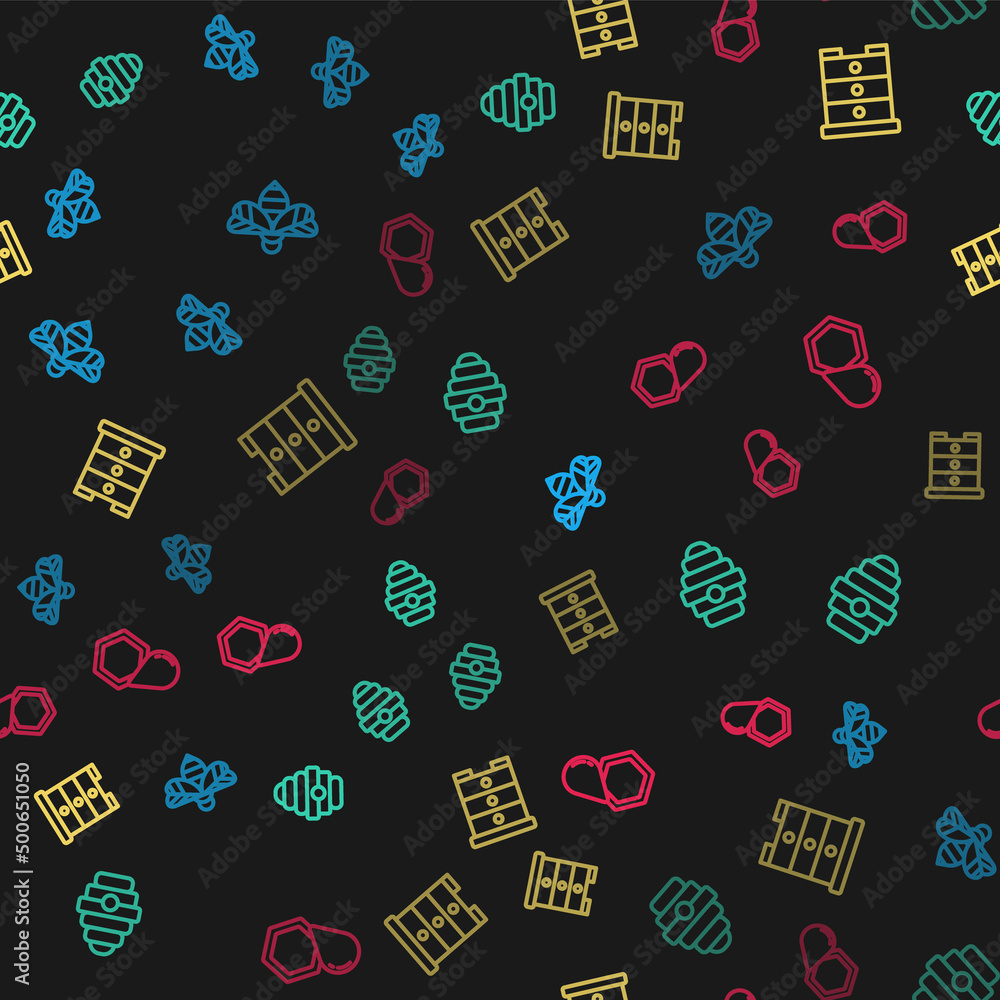 Set line Bee, Hive for bees, and Honeycomb on seamless pattern. Vector Set line Bee, Hive for bees, and Honeycomb on seamless pattern. Vector