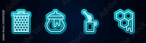 Set line Honeycomb, Jar of honey, dipper stick with and . Glowing neon icon. Vector