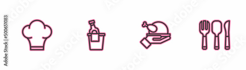 Set line Chef hat, Roasted turkey or chicken, Champagne in an ice bucket and Fork, spoon and knife icon. Vector