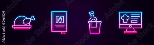 Set line Roasted turkey or chicken, Restaurant cafe menu, Champagne in ice bucket and Online ordering and delivery. Glowing neon icon. Vector