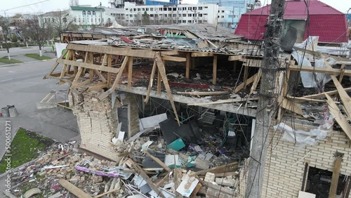 Hostomel, Kyiv, Ukraine - 04.01.2022: Russian occupiers destroyed shops in the city of Hostomel photo