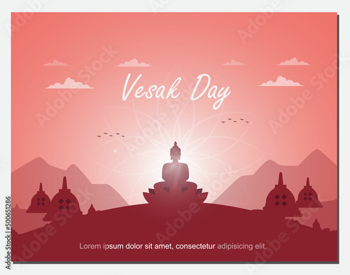 Happy Vesak Day banner with illustration of a Buddha statue on a lotus flower