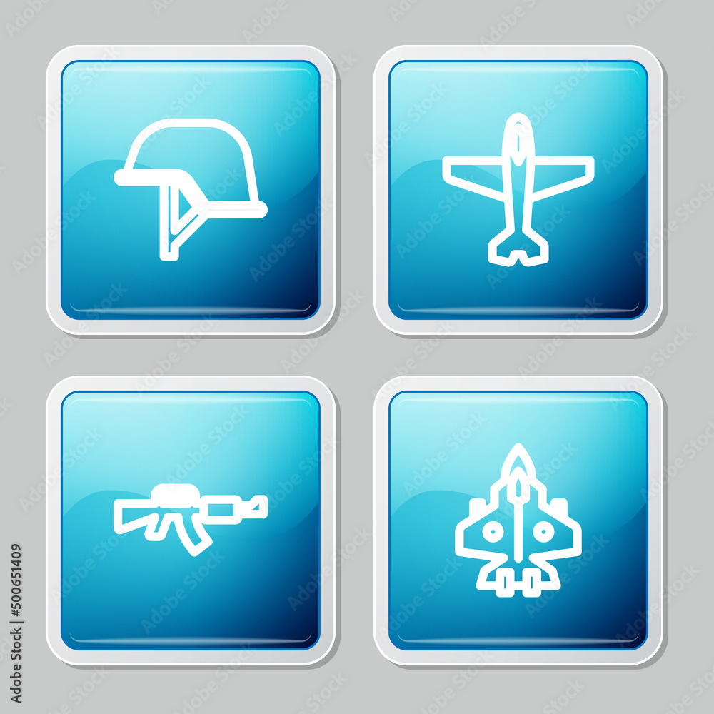 Set line Military helmet, Plane, M16A1 rifle and Jet fighter icon. Vector Set line Military helmet, Plane, M16A1 rifle and Jet fighter icon. Vector