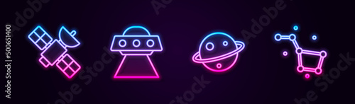 Set line Satellite, UFO flying spaceship, Planet Saturn and Great Bear constellation. Glowing neon icon. Vector