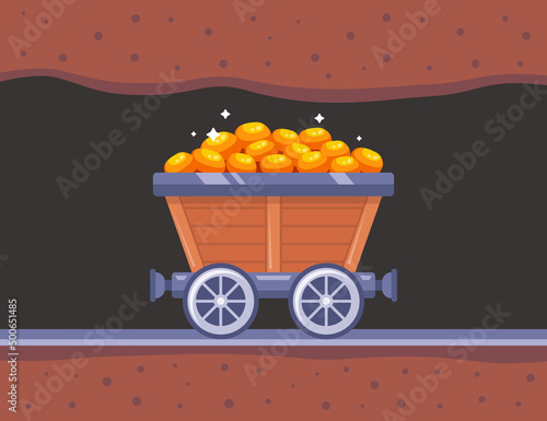the wooden trolley is full of gold. extract resources in the mine. flat vector illustration.