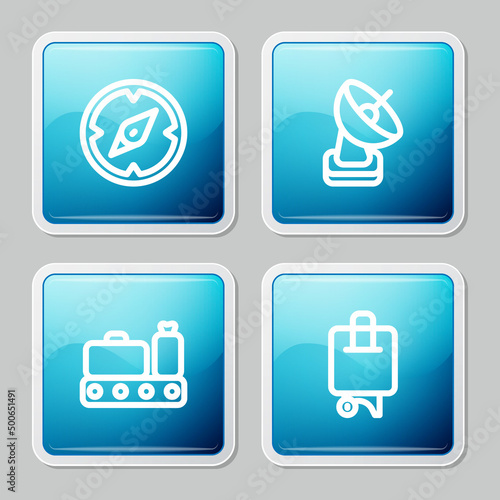 Set line Compass, Radar, Conveyor belt with suitcase and Suitcase icon. Vector