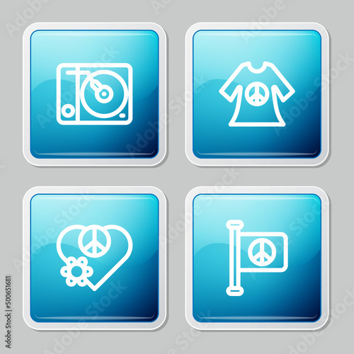 Set line Vinyl player, Peace dress print stamp, Love peace and Flag icon. Vector