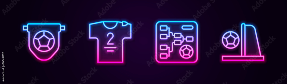 Set line Football flag pennant, jersey and t-shirt, Championship tournament bracket and goal with. Glowing neon icon. Vector Set line Football flag pennant, jersey and t-shirt, Championship tournament bracket and goal with. Glowing neon icon. Vector