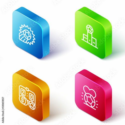 Set Isometric line Soccer football ball, Award over sports winner podium, Football betting money and icon. Vector