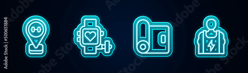 Set line Location gym, Smart watch with heart, Fitness mat roll and Bodybuilder. Glowing neon icon. Vector