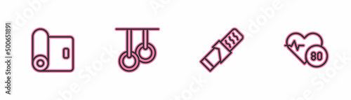 Set line Fitness mat roll, Protein sport bar, Gymnastic rings and Heart rate icon. Vector