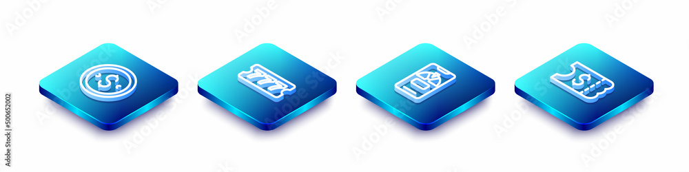 Set Isometric line Coin money with dollar, Lottery ticket, Lucky wheel phone and icon. Vector Set Isometric line Coin money with dollar, Lottery ticket, Lucky wheel phone and icon. Vector