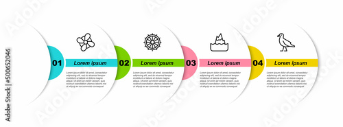 Set line Boat propeller, Ship steering wheel, Iceberg and Bird seagull. Business infographic template. Vector