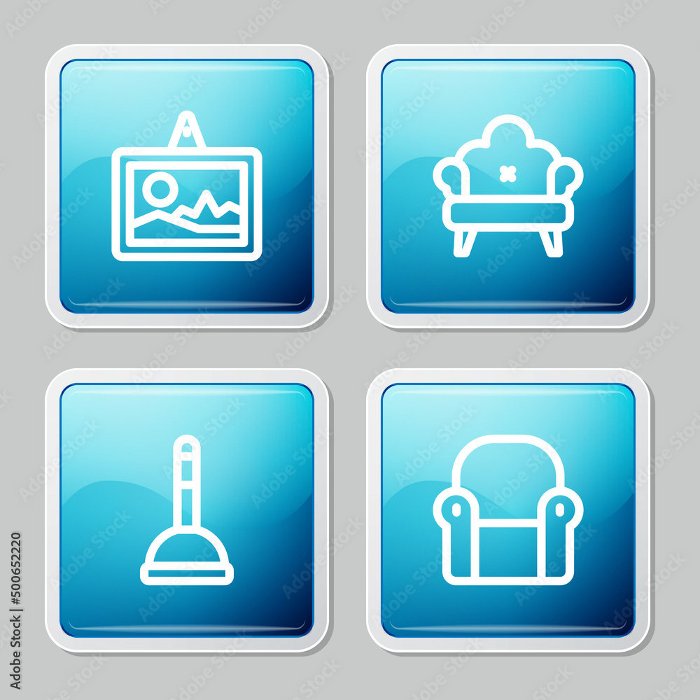 Set line Picture, Sofa, Rubber plunger and Armchair icon. Vector Set line Picture, Sofa, Rubber plunger and Armchair icon. Vector