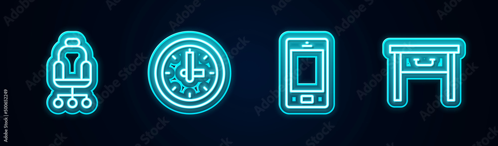Set line Office chair, Clock, Mobile phone and Furniture nightstand. Glowing neon icon. Vector Set line Office chair, Clock, Mobile phone and Furniture nightstand. Glowing neon icon. Vector