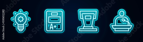 Set line Light bulb, Exam sheet with A plus grade, Stage stand and Gives lecture. Glowing neon icon. Vector