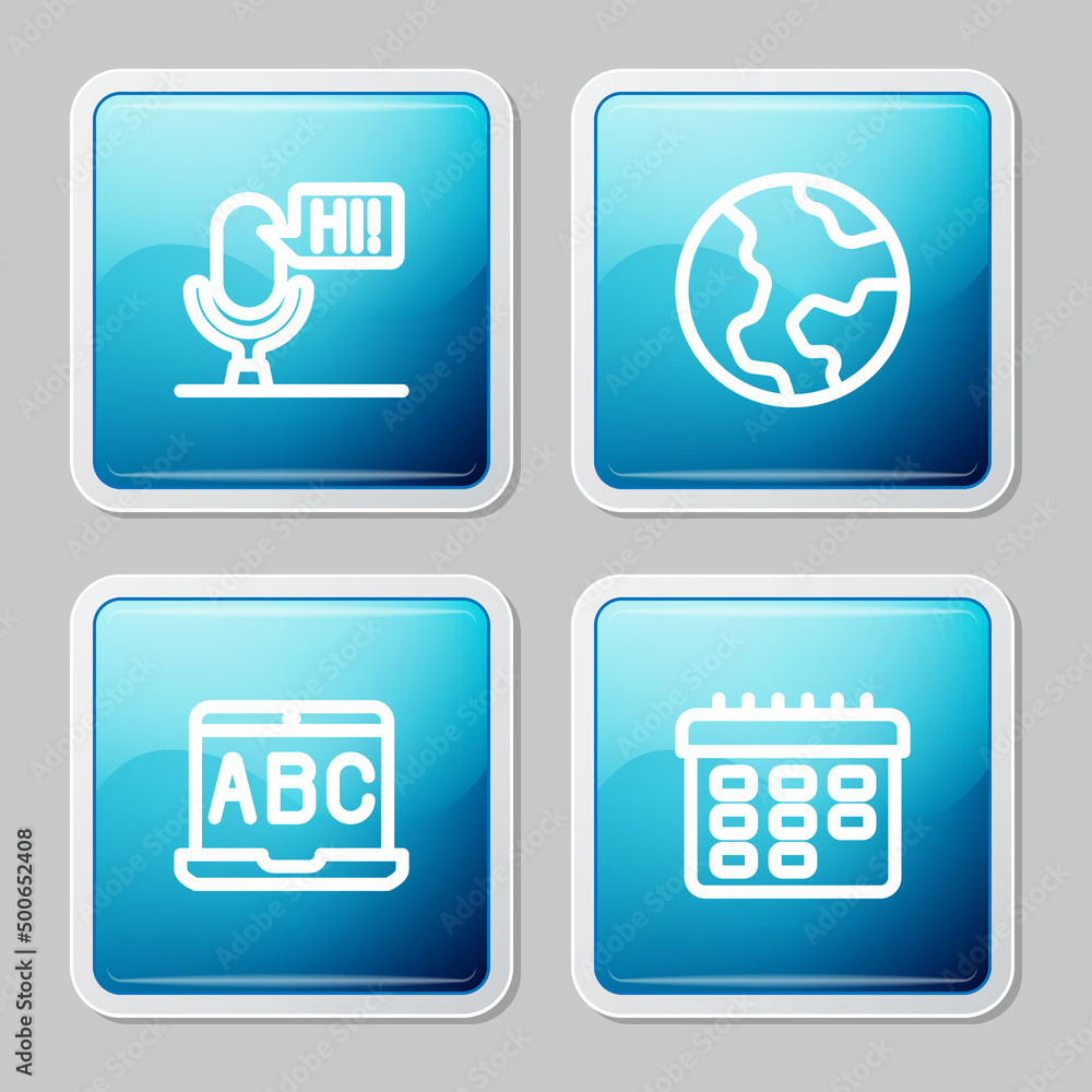 Set line Microphone voice device, Earth globe, Foreign language online study and School timetable icon. Vector Set line Microphone voice device, Earth globe, Foreign language online study and School timetable icon. Vector